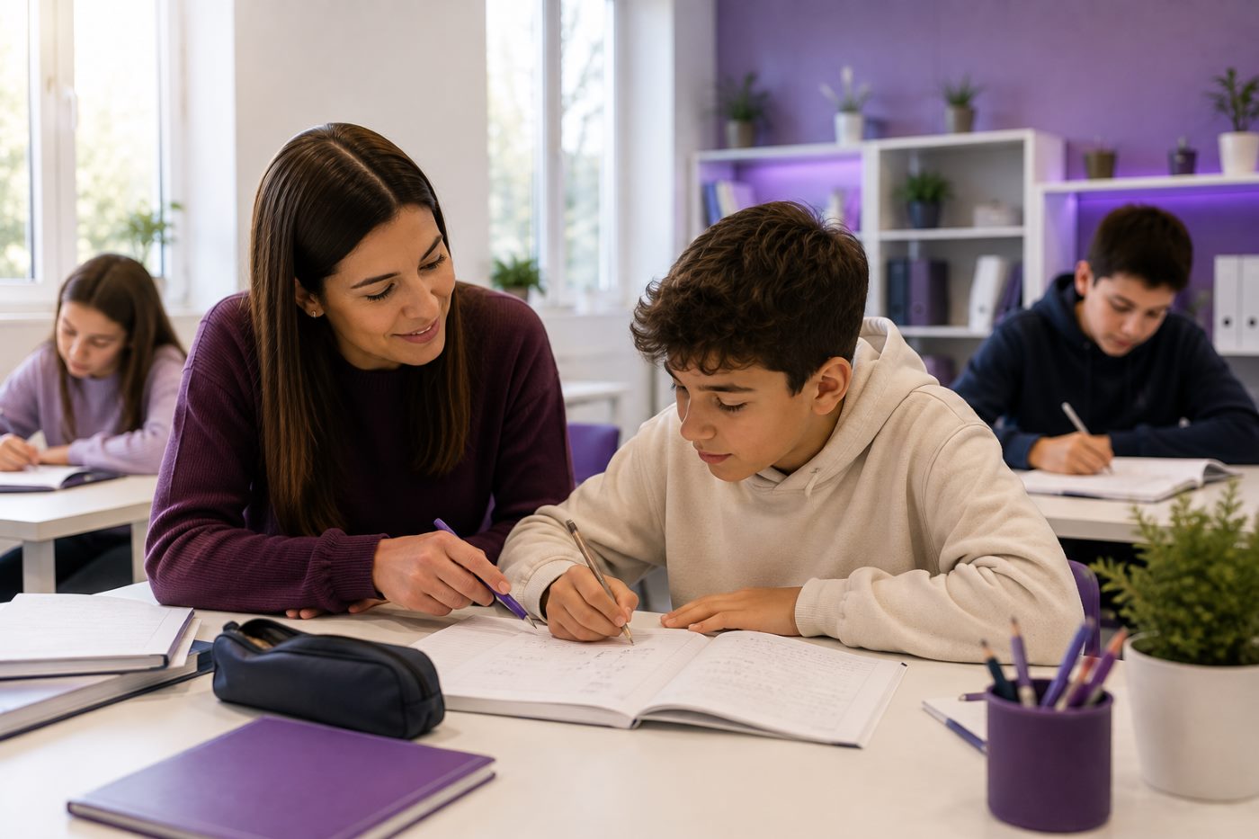 Explicadora a apoiar um aluno a escrever no caderno
