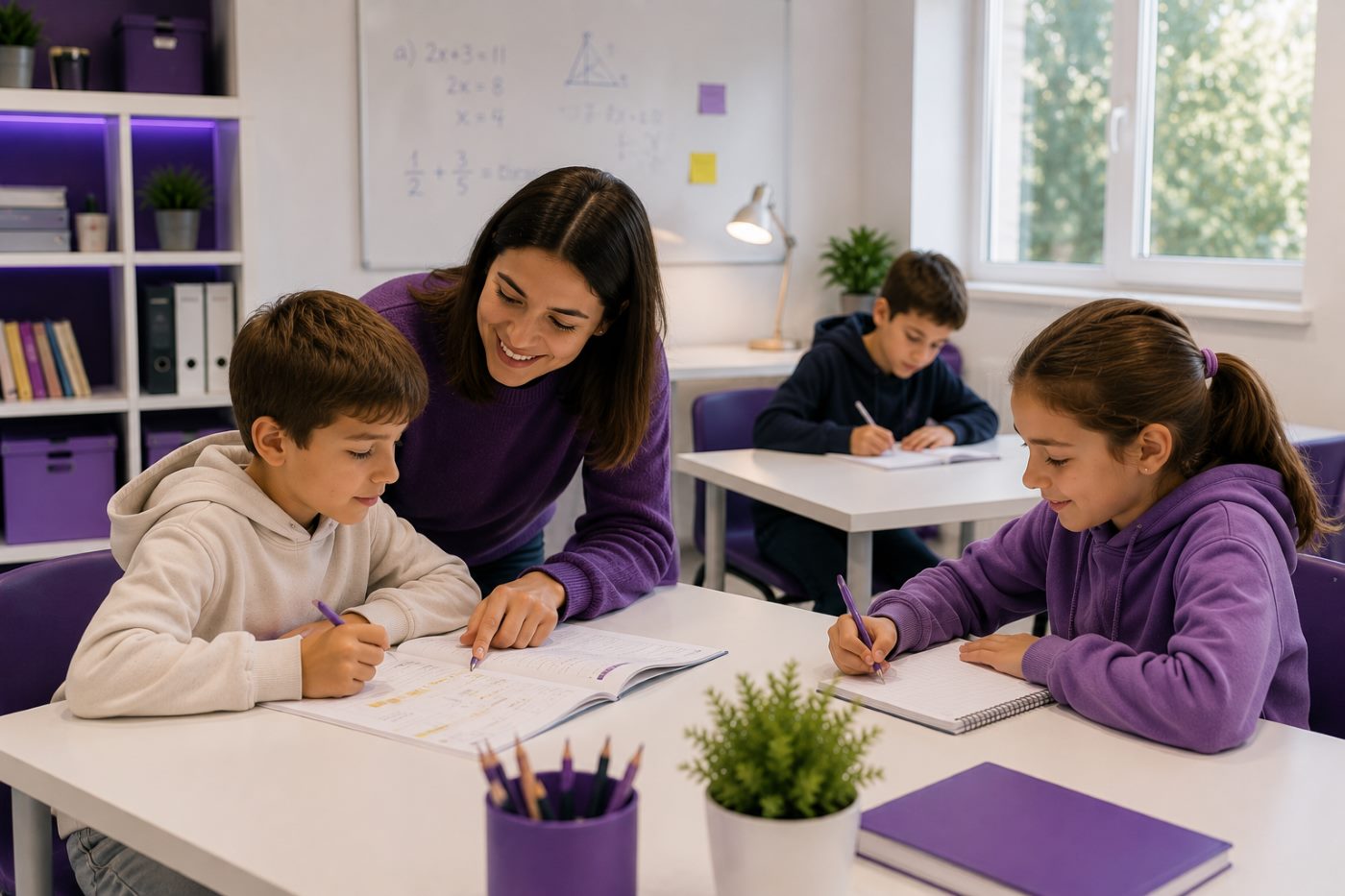 Professora a ajudar duas crianças a estudar numa mesa de trabalho