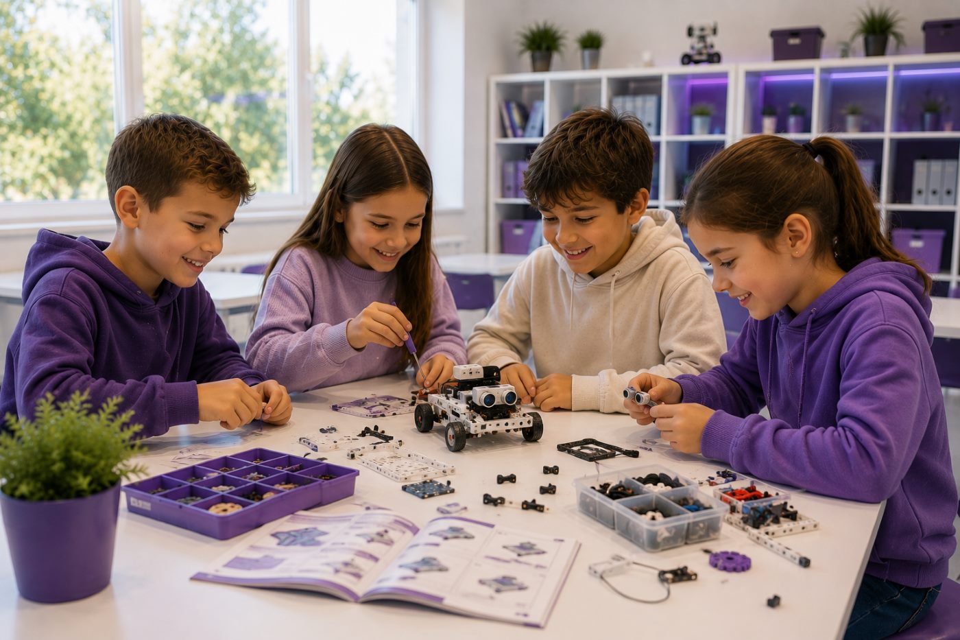 Crianças a construir e programar um robô com peças e manuais
